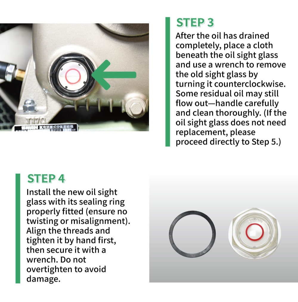 Oil sight glass removal on SWAN reciprocating air compressor